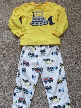 Carters 2 Pc Pajama Shirt Pants Set Youth Boys 6 Yellow Long Sleeve Construction